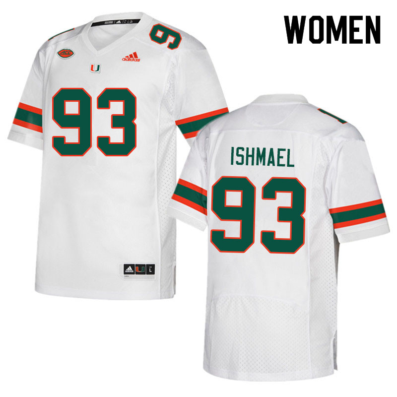 Women #93 Jabari Ishmael Miami Hurricanes College Football Jerseys Sale-White - Click Image to Close